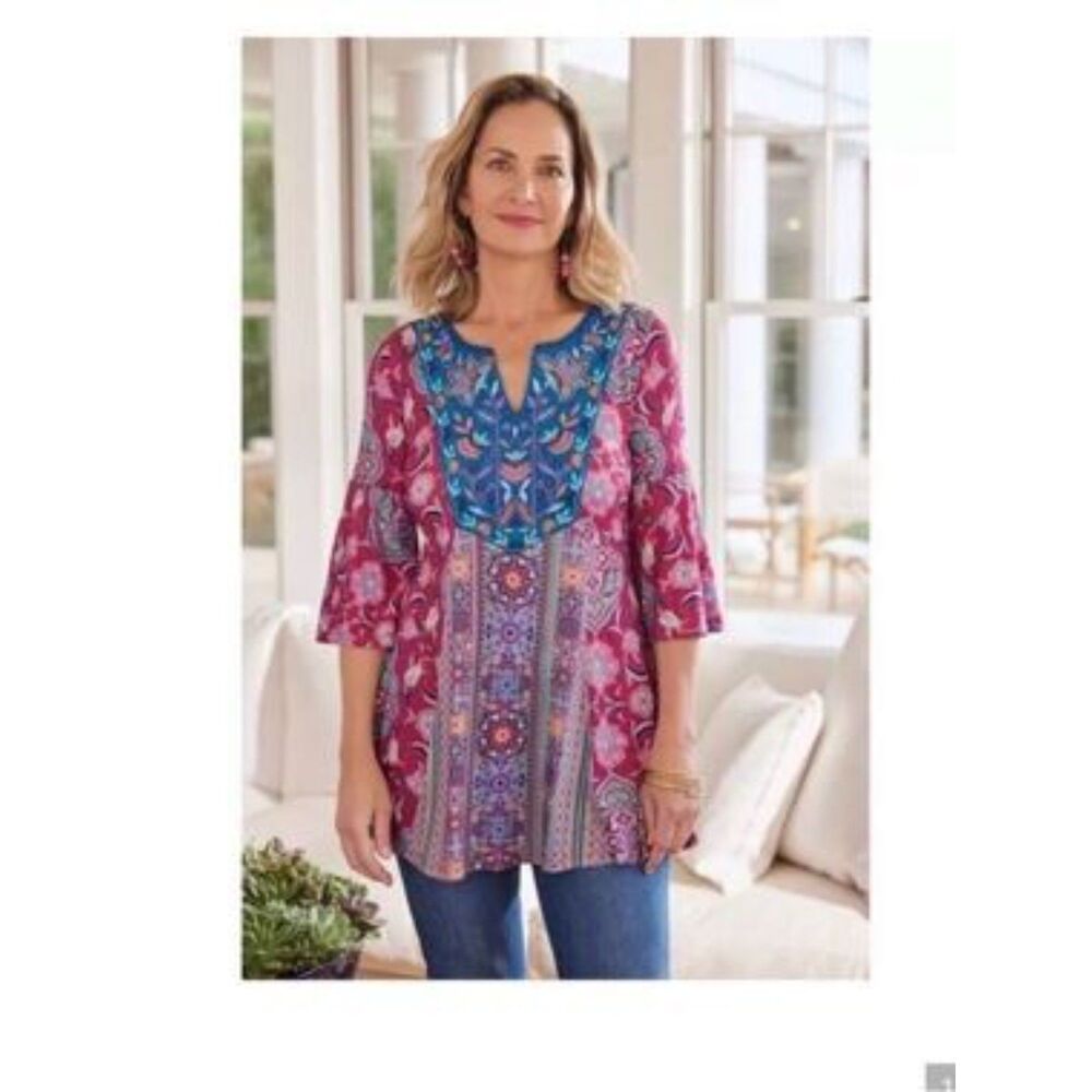 Soft Surroundings Aili Floral Embroidered 3/4 Sleeve Tunic Blouse Plus Size 1X